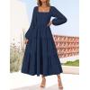 imageZESICA Womens Fall Long Sleeve Maxi Dresses 2025 Square Neck Hollow Out Eyelet Smocked A Line Cocktail Party DressNavy