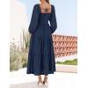 imageZESICA Womens Fall Long Sleeve Maxi Dresses 2025 Square Neck Hollow Out Eyelet Smocked A Line Cocktail Party DressNavy