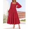 imageZESICA Womens Fall Long Sleeve Maxi Dresses 2025 Square Neck Hollow Out Eyelet Smocked A Line Cocktail Party DressRed
