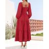 imageZESICA Womens Fall Long Sleeve Maxi Dresses 2025 Square Neck Hollow Out Eyelet Smocked A Line Cocktail Party DressRed