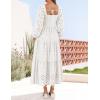 imageZESICA Womens Fall Long Sleeve Maxi Dresses 2025 Square Neck Hollow Out Eyelet Smocked A Line Cocktail Party DressWhite