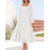 imageZESICA Womens Fall Long Sleeve Maxi Dresses 2025 Square Neck Hollow Out Eyelet Smocked A Line Cocktail Party DressWhite