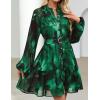 imageZESICA Womens Floral Long Sleeve Mini Dress Spring Button Chiffon A Line Swing Short Wedding Guest Holiday Party DressesDark Green