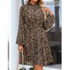 imageZESICA Womens Floral Long Sleeve Mini Dress Spring Button Chiffon A Line Swing Short Wedding Guest Holiday Party DressesLeopard