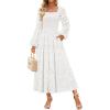 imageZESICA Womens Fall Long Sleeve Maxi Dresses 2025 Square Neck Hollow Out Eyelet Smocked A Line Cocktail Party DressWhite