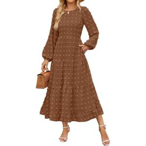 imageZESICA Womens Fall Long Sleeve Maxi Dresses 2025 Crew Neck Swiss Dot Tiered Flowy A Line Wedding Cocktail Party DressBrown