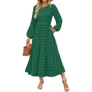 imageZESICA Womens Fall Long Sleeve Maxi Dresses 2025 Crew Neck Swiss Dot Tiered Flowy A Line Wedding Cocktail Party DressGreen