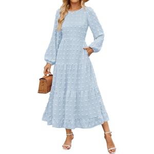 imageZESICA Womens Fall Long Sleeve Maxi Dresses 2025 Crew Neck Swiss Dot Tiered Flowy A Line Wedding Cocktail Party DressLight Blue