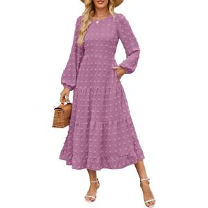 imageZESICA Womens Fall Long Sleeve Maxi Dresses 2025 Crew Neck Swiss Dot Tiered Flowy A Line Wedding Cocktail Party DressPurple
