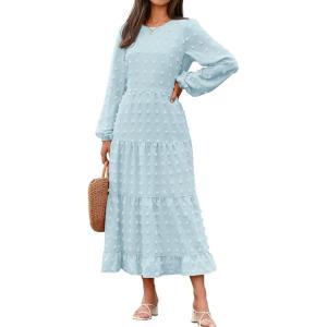 imageZESICA Womens Fall Long Sleeve Maxi Dresses 2025 Crew Neck Swiss Dot Tiered Flowy A Line Wedding Cocktail Party DressSky