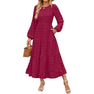 imageZESICA Womens Fall Long Sleeve Maxi Dresses 2025 Crew Neck Swiss Dot Tiered Flowy A Line Wedding Cocktail Party DressWine Red
