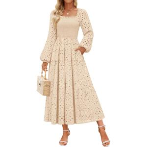 imageZESICA Womens Fall Long Sleeve Maxi Dresses 2025 Square Neck Hollow Out Eyelet Smocked A Line Cocktail Party DressApricot
