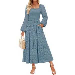 imageZESICA Womens Fall Long Sleeve Maxi Dresses 2025 Square Neck Hollow Out Eyelet Smocked A Line Cocktail Party DressDustyblue