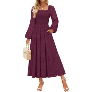 imageZESICA Womens Fall Long Sleeve Maxi Dresses 2025 Square Neck Hollow Out Eyelet Smocked A Line Cocktail Party DressFuchsia