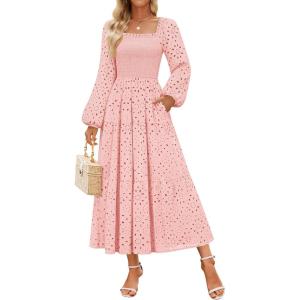imageZESICA Womens Fall Long Sleeve Maxi Dresses 2025 Square Neck Hollow Out Eyelet Smocked A Line Cocktail Party DressPink