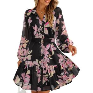 imageZESICA Womens Floral Long Sleeve Mini Dress Spring Button Chiffon A Line Swing Short Wedding Guest Holiday Party DressesBlack