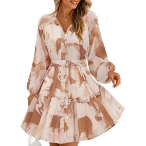 imageZESICA Womens Floral Long Sleeve Mini Dress Spring Button Chiffon A Line Swing Short Wedding Guest Holiday Party DressesBrown