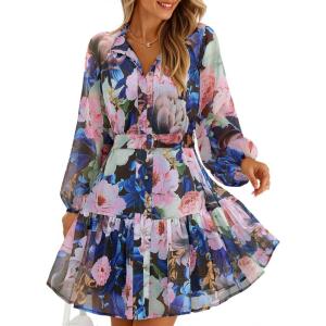 imageZESICA Womens Floral Long Sleeve Mini Dress Spring Button Chiffon A Line Swing Short Wedding Guest Holiday Party DressesDark Blue