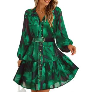 imageZESICA Womens Floral Long Sleeve Mini Dress Spring Button Chiffon A Line Swing Short Wedding Guest Holiday Party DressesDark Green
