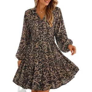 imageZESICA Womens Floral Long Sleeve Mini Dress Spring Button Chiffon A Line Swing Short Wedding Guest Holiday Party DressesLeopard