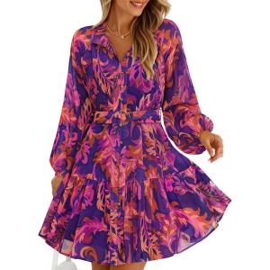 imageZESICA Womens Floral Long Sleeve Mini Dress Spring Button Chiffon A Line Swing Short Wedding Guest Holiday Party DressesPurple