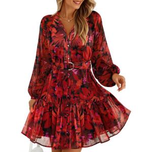 imageZESICA Womens Floral Long Sleeve Mini Dress Spring Button Chiffon A Line Swing Short Wedding Guest Holiday Party DressesRed