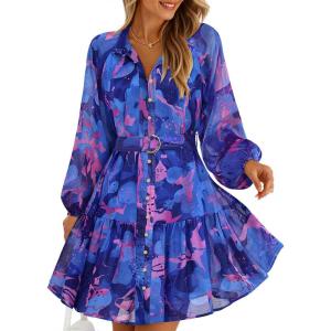 imageZESICA Womens Floral Long Sleeve Mini Dress Spring Button Chiffon A Line Swing Short Wedding Guest Holiday Party DressesRoyal Blue