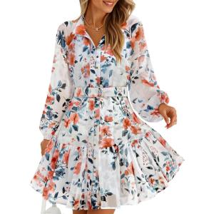 imageZESICA Womens Floral Long Sleeve Mini Dress Spring Button Chiffon A Line Swing Short Wedding Guest Holiday Party DressesWhite