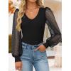 imageZESICA Womens Mesh Puff Long Sleeve Shirts 2025 Fall Trendy Sexy V Neck Ribbed Knit Going Out Tops Dressy Casual Work BlouseBlack