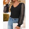 imageZESICA Womens Mesh Puff Long Sleeve Shirts 2025 Fall Trendy Sexy V Neck Ribbed Knit Going Out Tops Dressy Casual Work BlouseBlack
