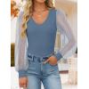 imageZESICA Womens Mesh Puff Long Sleeve Shirts 2025 Fall Trendy Sexy V Neck Ribbed Knit Going Out Tops Dressy Casual Work BlouseDusty Blue