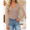 imageZESICA Womens Mesh Puff Long Sleeve Shirts 2025 Fall Trendy Sexy V Neck Ribbed Knit Going Out Tops Dressy Casual Work BlouseKhaki