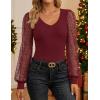 imageZESICA Womens Mesh Puff Long Sleeve Shirts 2025 Fall Trendy Sexy V Neck Ribbed Knit Going Out Tops Dressy Casual Work BlouseWine Red