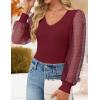 imageZESICA Womens Mesh Puff Long Sleeve Shirts 2025 Fall Trendy Sexy V Neck Ribbed Knit Going Out Tops Dressy Casual Work BlouseWine Red