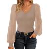 imageZESICA Womens Mesh Puff Long Sleeve Shirts 2025 Fall Trendy Sexy V Neck Ribbed Knit Going Out Tops Dressy Casual Work BlouseKhaki