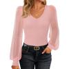 imageZESICA Womens Mesh Puff Long Sleeve Shirts 2025 Fall Trendy Sexy V Neck Ribbed Knit Going Out Tops Dressy Casual Work BlousePink