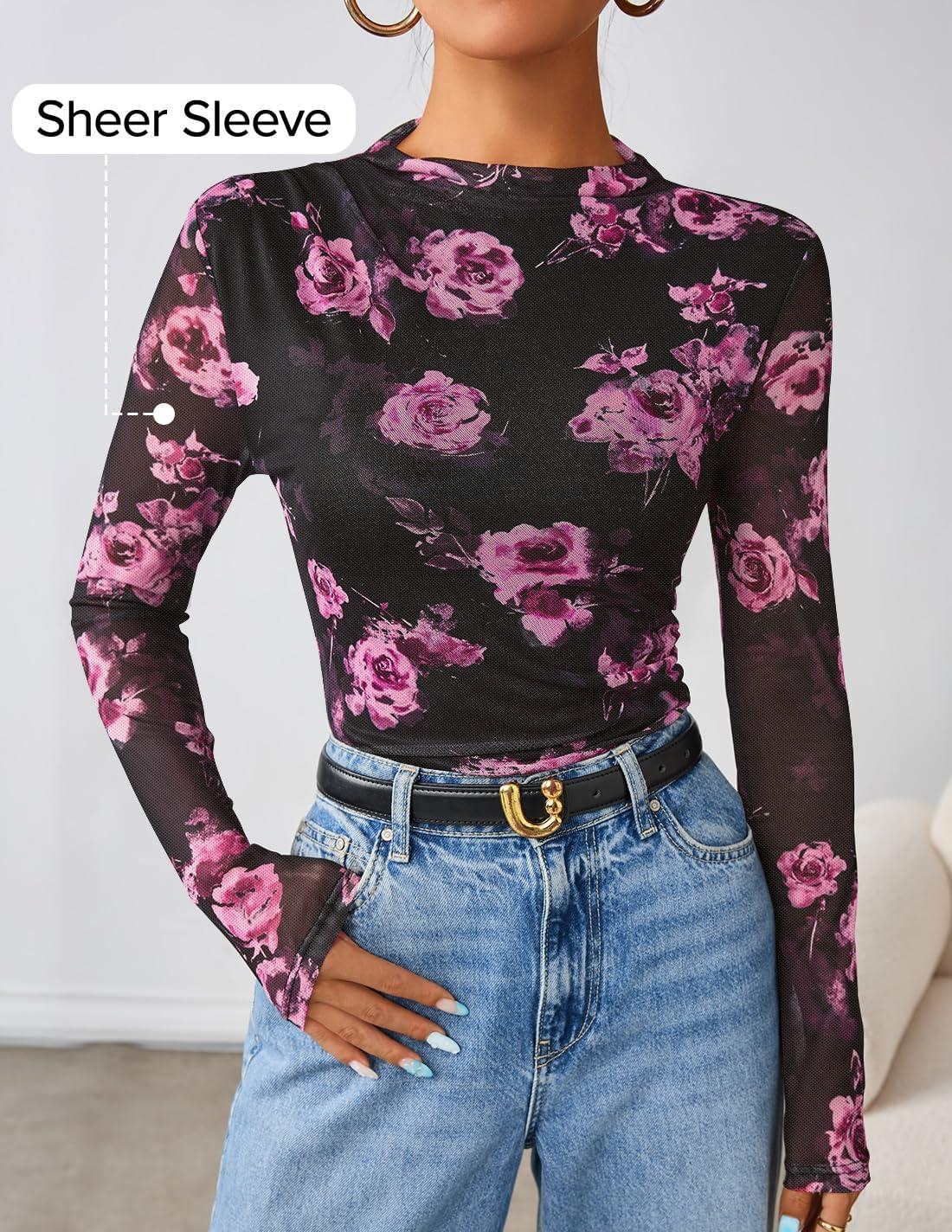 imageZESICA Floral Long Sleeve Tops for Women Spring Mesh Mock Neck Ruched Fitted Shirts Going Out Blouses Trendy ClothesBlack