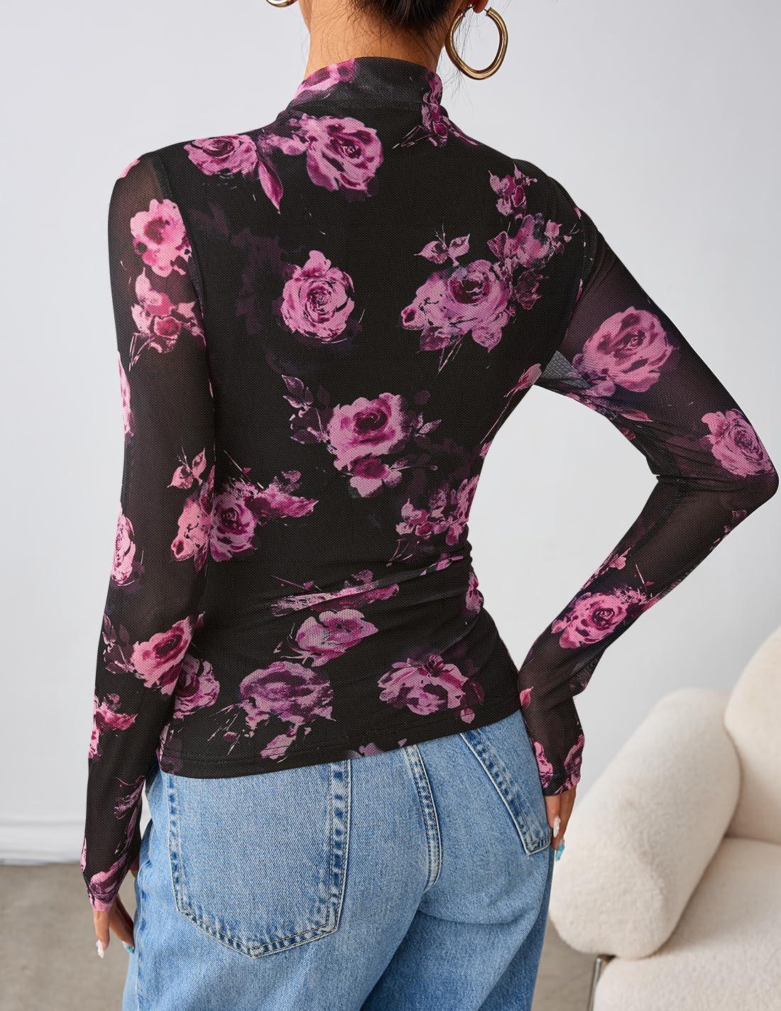 imageZESICA Floral Long Sleeve Tops for Women Spring Mesh Mock Neck Ruched Fitted Shirts Going Out Blouses Trendy ClothesBlack