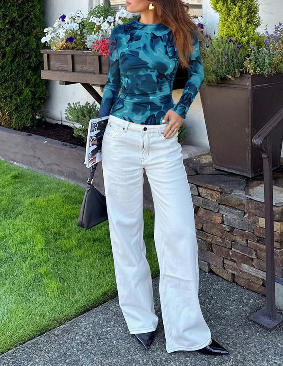 imageZESICA Floral Long Sleeve Tops for Women Spring Mesh Mock Neck Ruched Fitted Shirts Going Out Blouses Trendy ClothesBlue