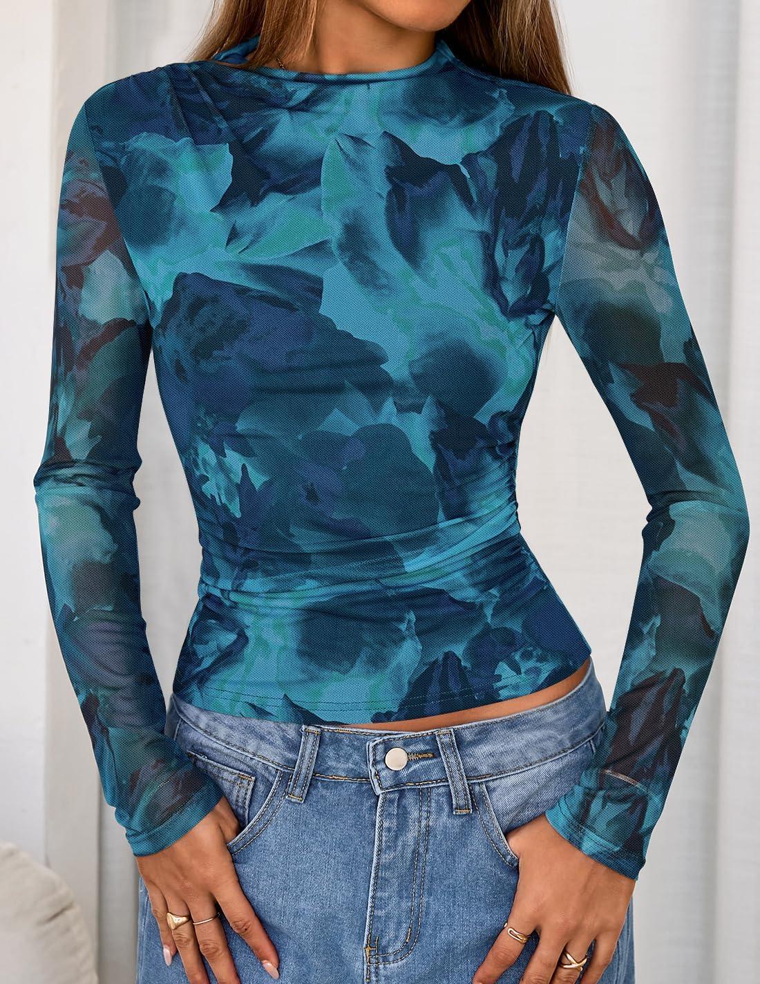 imageZESICA Floral Long Sleeve Tops for Women Spring Mesh Mock Neck Ruched Fitted Shirts Going Out Blouses Trendy ClothesBlue