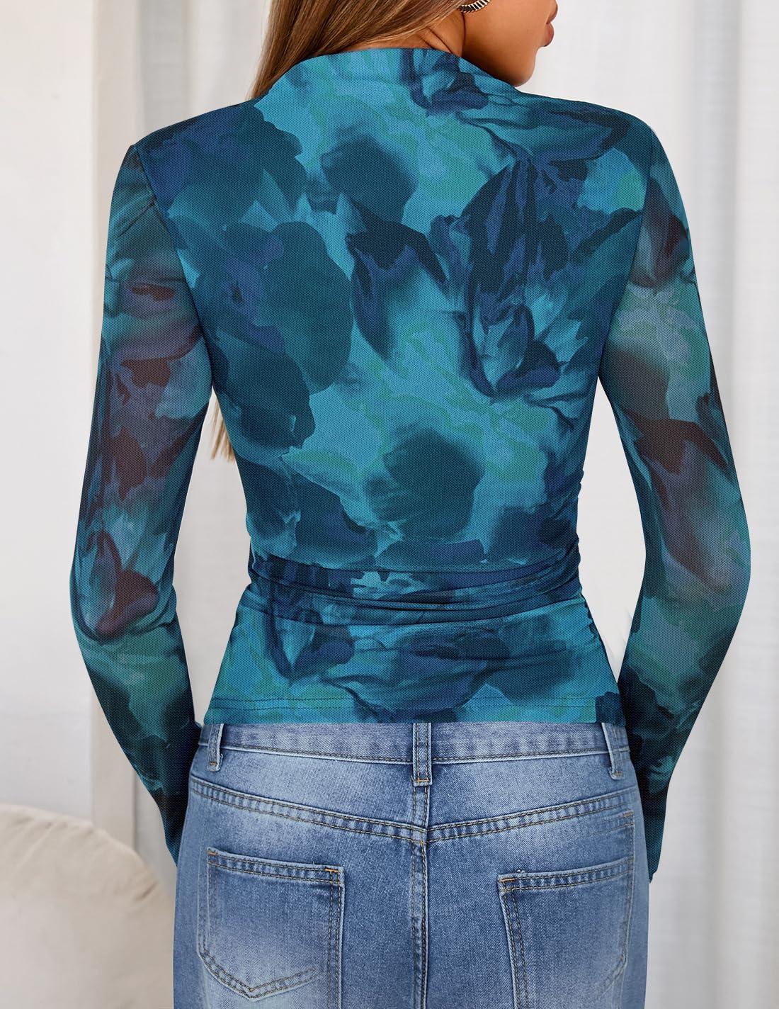 imageZESICA Floral Long Sleeve Tops for Women Spring Mesh Mock Neck Ruched Fitted Shirts Going Out Blouses Trendy ClothesBlue
