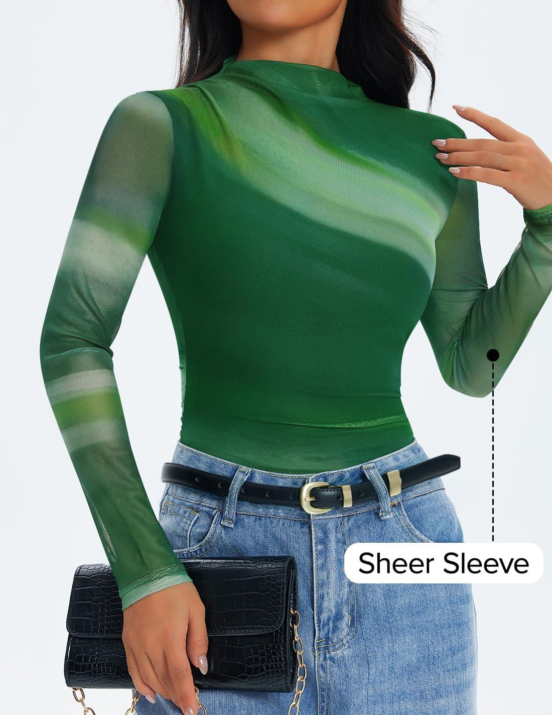 imageZESICA Floral Long Sleeve Tops for Women Spring Mesh Mock Neck Ruched Fitted Shirts Going Out Blouses Trendy ClothesDark Green