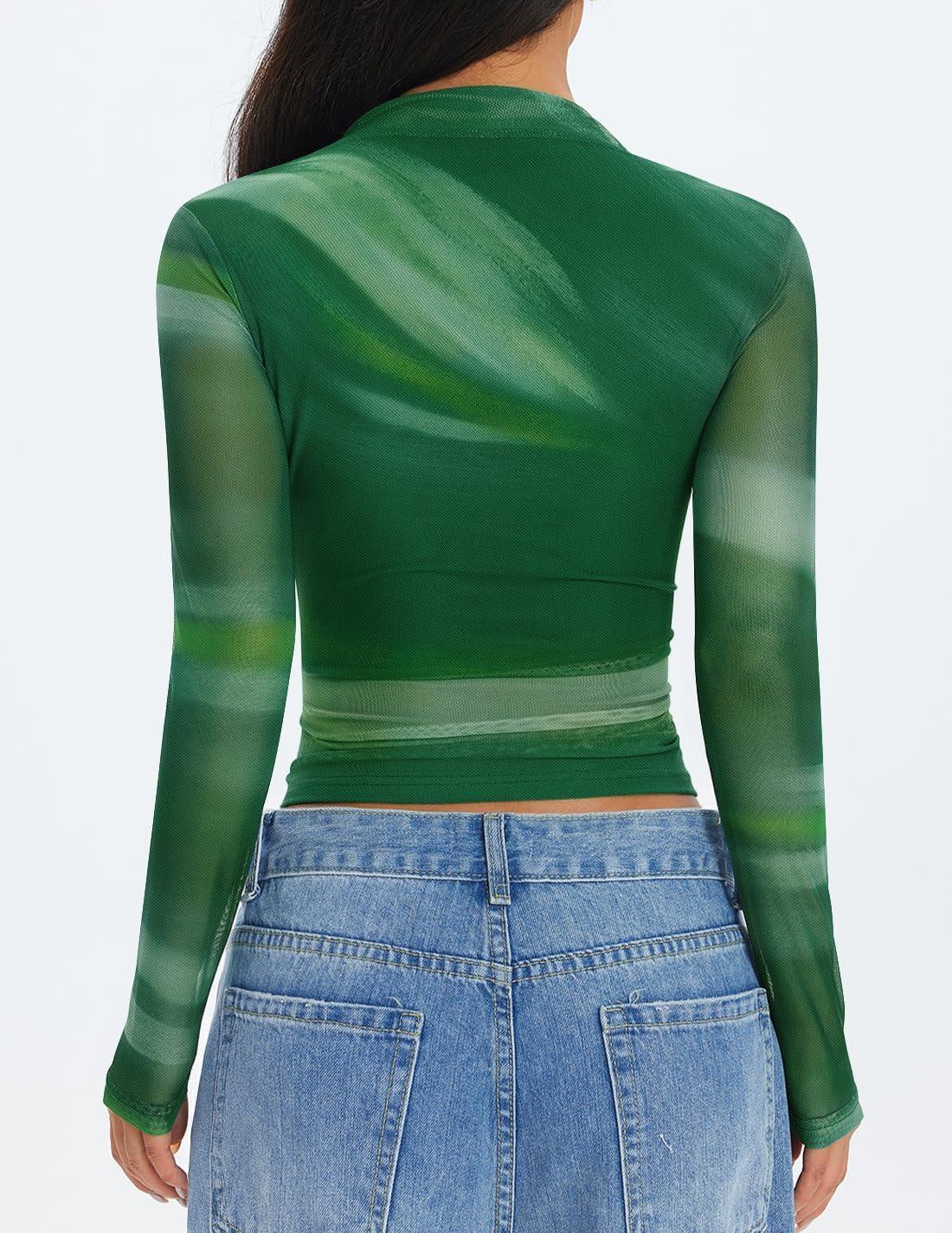 imageZESICA Floral Long Sleeve Tops for Women Spring Mesh Mock Neck Ruched Fitted Shirts Going Out Blouses Trendy ClothesDark Green