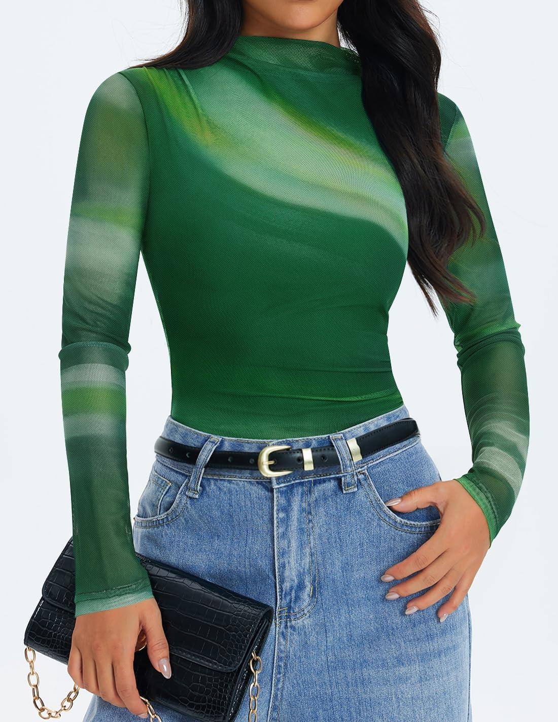 imageZESICA Floral Long Sleeve Tops for Women Spring Mesh Mock Neck Ruched Fitted Shirts Going Out Blouses Trendy ClothesDark Green