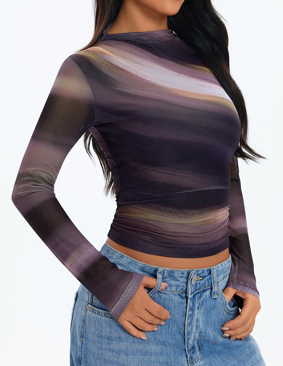 imageZESICA Floral Long Sleeve Tops for Women Spring Mesh Mock Neck Ruched Fitted Shirts Going Out Blouses Trendy ClothesDark Purple