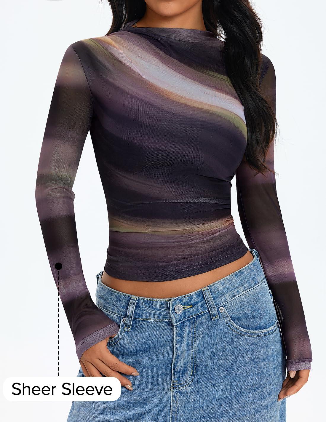 imageZESICA Floral Long Sleeve Tops for Women Spring Mesh Mock Neck Ruched Fitted Shirts Going Out Blouses Trendy ClothesDark Purple