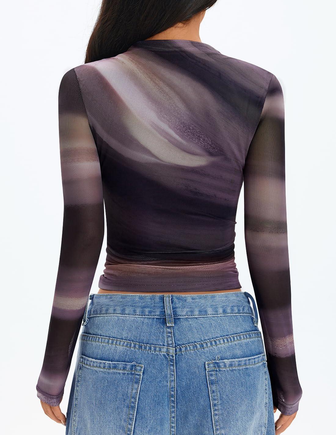 imageZESICA Floral Long Sleeve Tops for Women Spring Mesh Mock Neck Ruched Fitted Shirts Going Out Blouses Trendy ClothesDark Purple