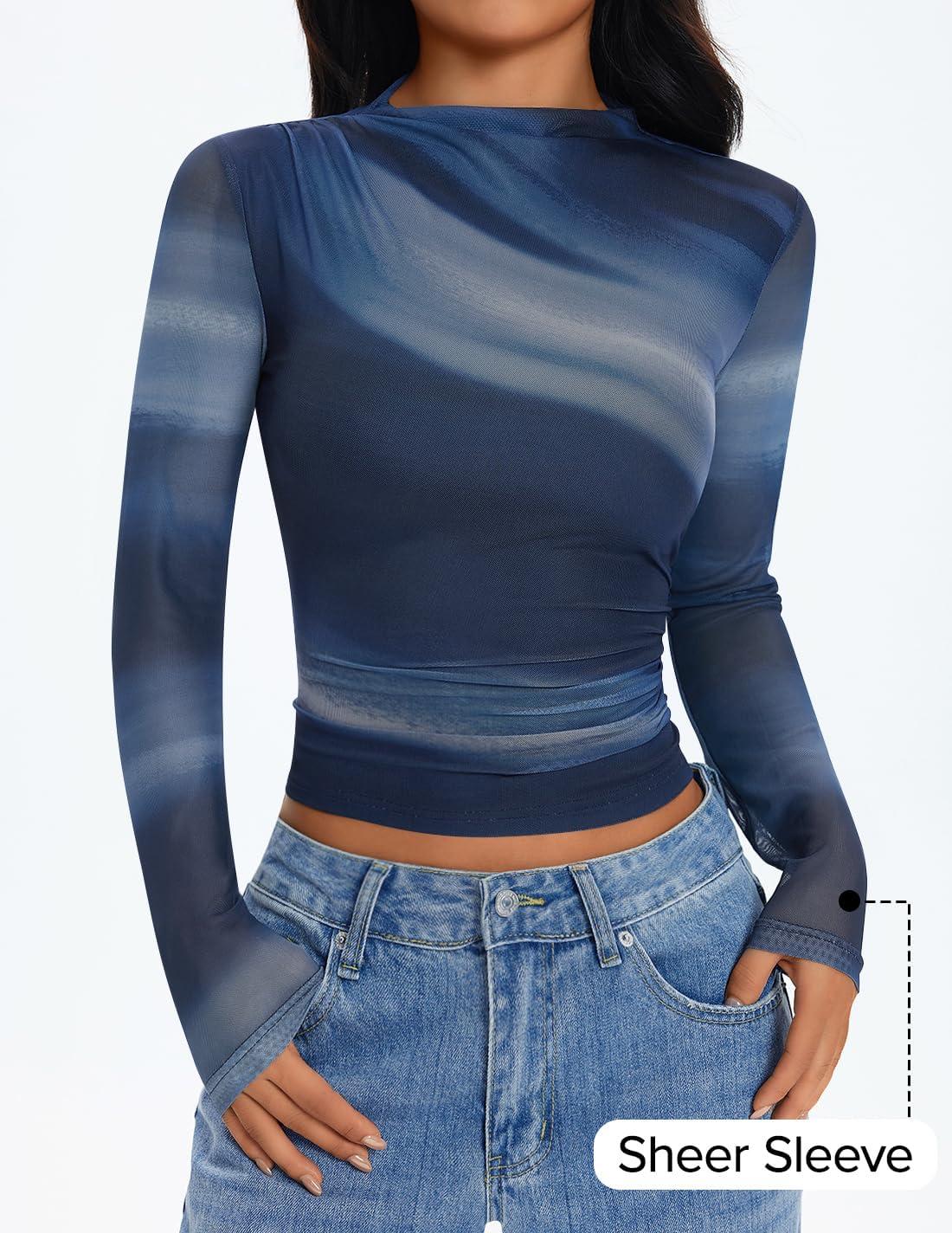 imageZESICA Floral Long Sleeve Tops for Women Spring Mesh Mock Neck Ruched Fitted Shirts Going Out Blouses Trendy ClothesDusty Blue