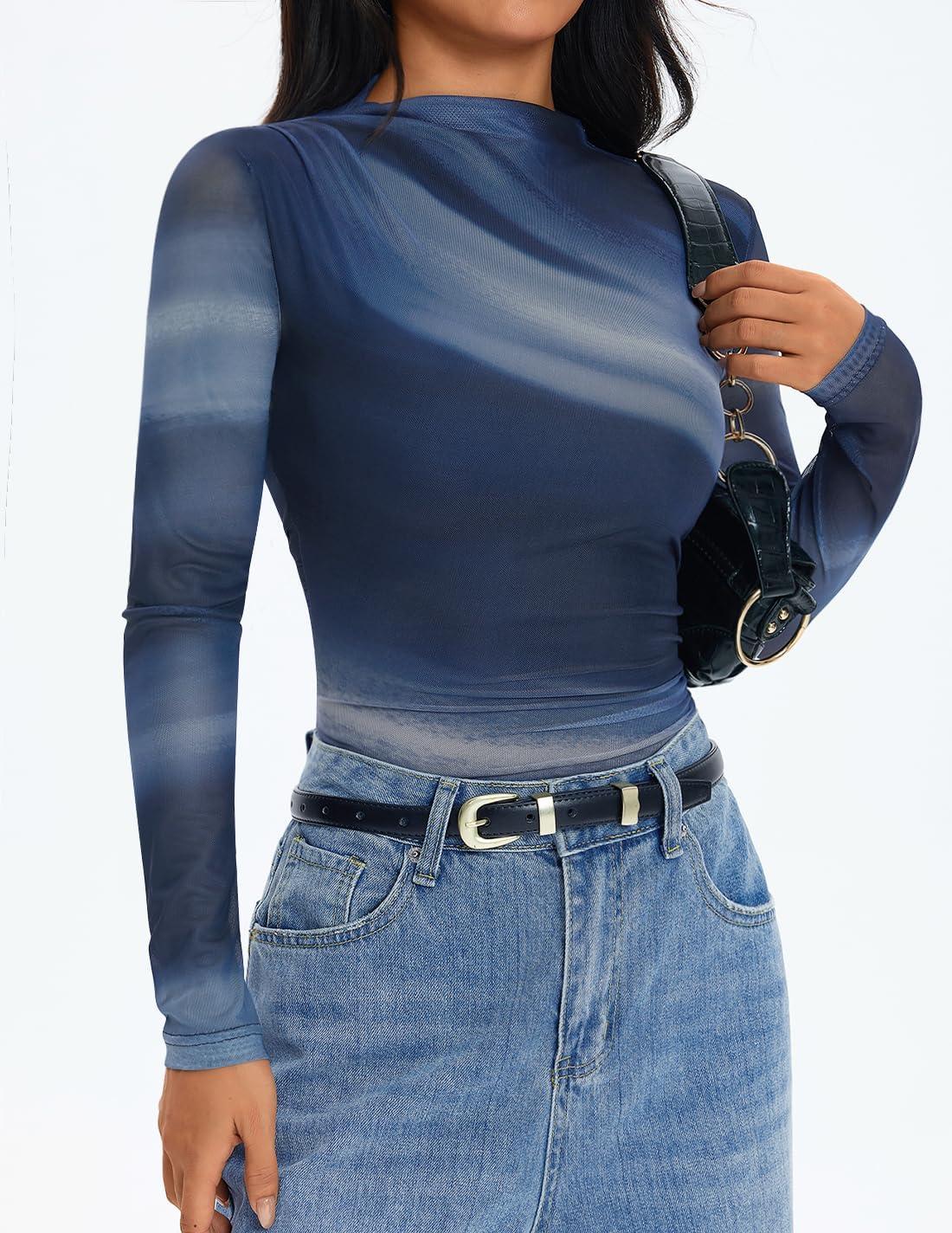 imageZESICA Floral Long Sleeve Tops for Women Spring Mesh Mock Neck Ruched Fitted Shirts Going Out Blouses Trendy ClothesDusty Blue