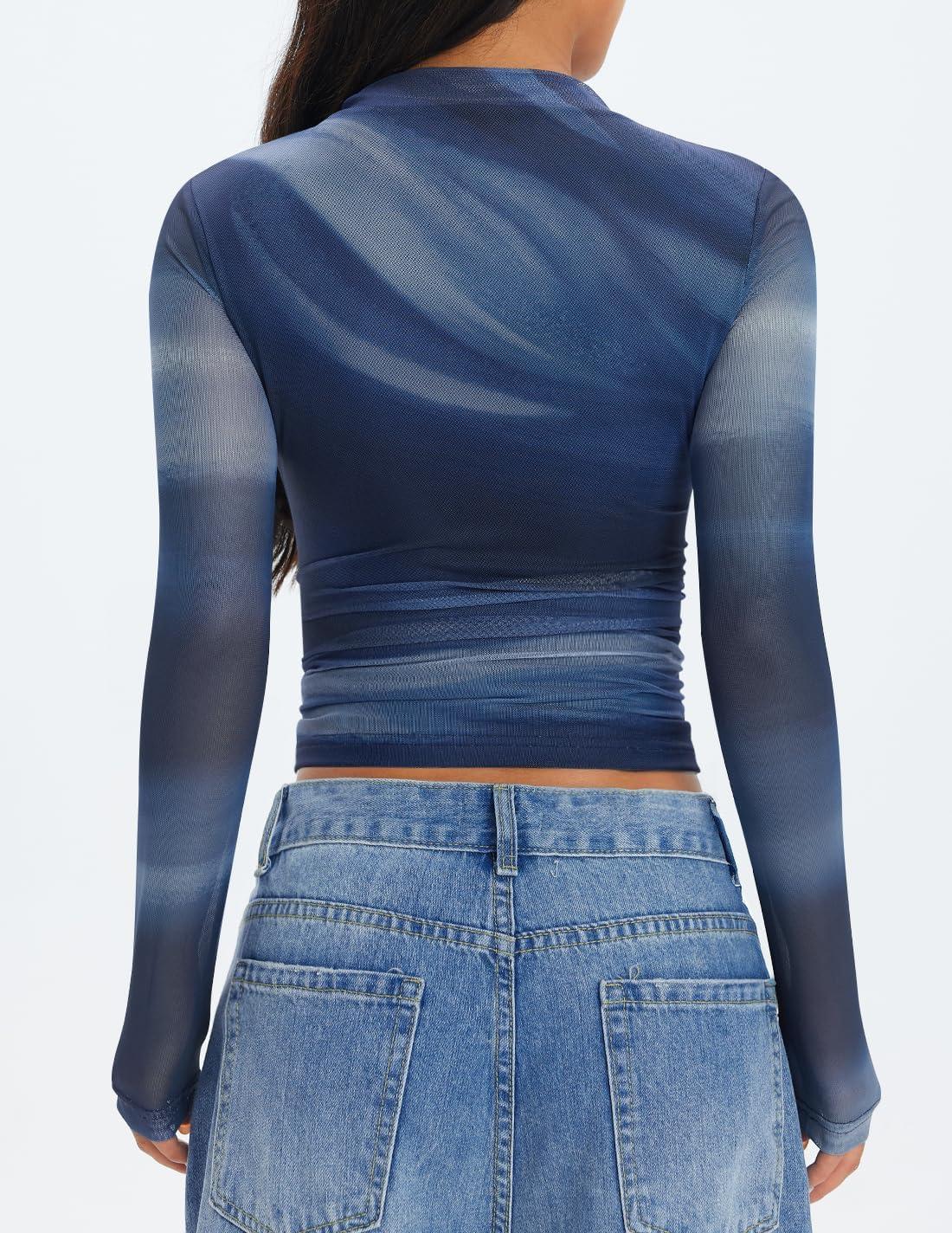 imageZESICA Floral Long Sleeve Tops for Women Spring Mesh Mock Neck Ruched Fitted Shirts Going Out Blouses Trendy ClothesDusty Blue